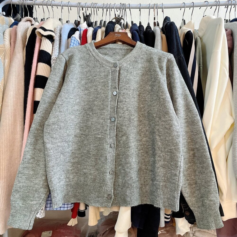 Classic Gray Knit Cardigan Soft Cozy Sweater